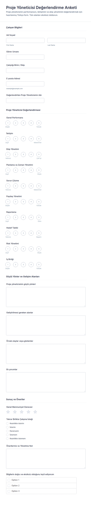 Proje Yöneticisi Değerlendirme Anketi Form Şablonu