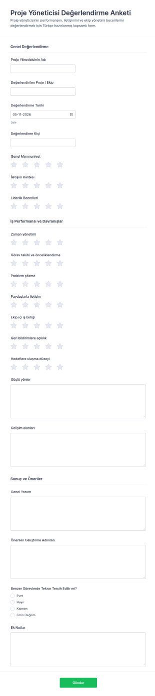 Proje Yöneticisi Değerlendirme Anketi Form Şablonu