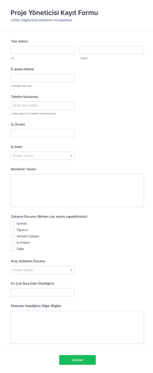Proje Yöneticisi Kayıt Form Şablonu