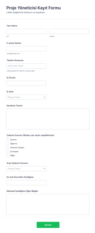 Proje Yöneticisi Kayıt Form Şablonu
