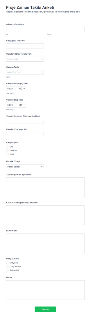 Proje Zaman Takip Anketi Form Şablonu