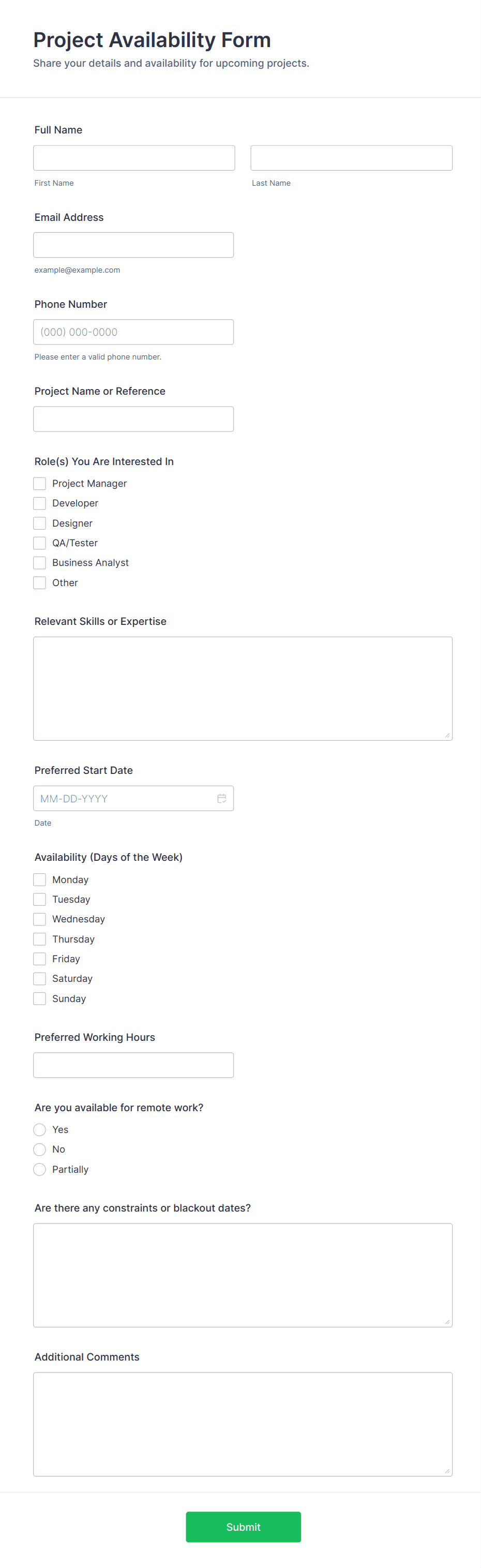 Project Availability Form Template | Jotform