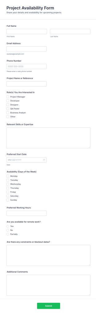 Project Availability Form Template