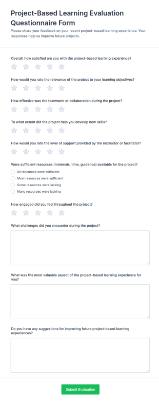 Project Based Learning Evaluation Questionnaire Form Template