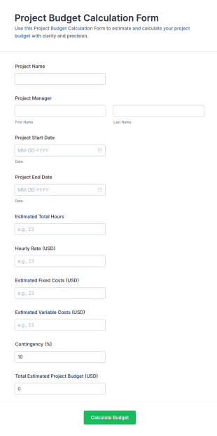 Project Budget Calculation Form Template