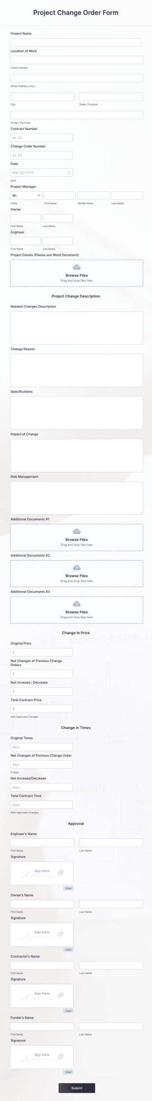 Project Change Order Form Template