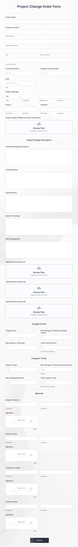 Project Change Order Form Template