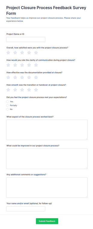 Project Closure Process Feedback Survey Form Template