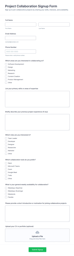 Project Collaboration Signup Form Template