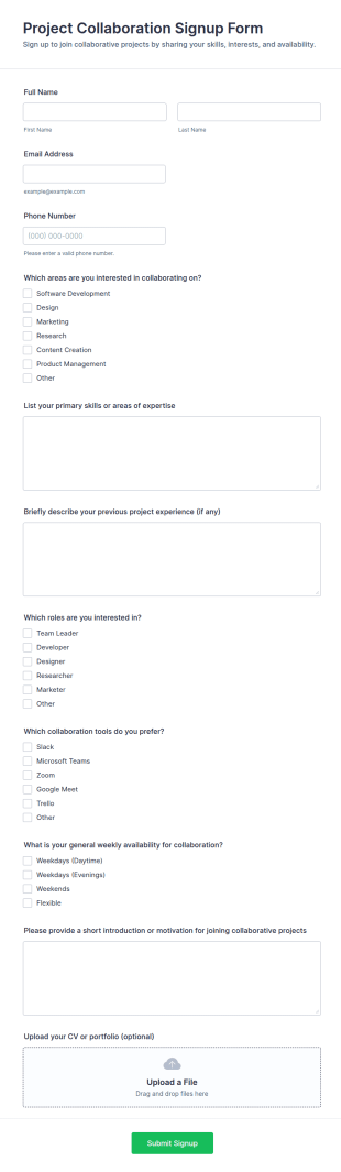 Project Collaboration Signup Form Template