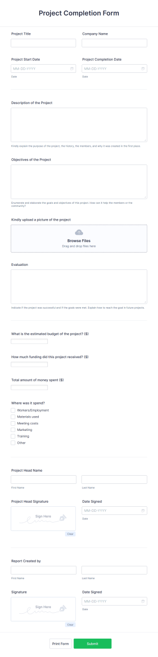 Project Completion Form Template