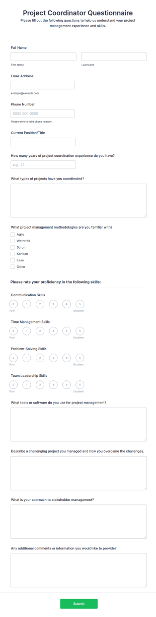 Project Coordinator Questionnaire Form Template
