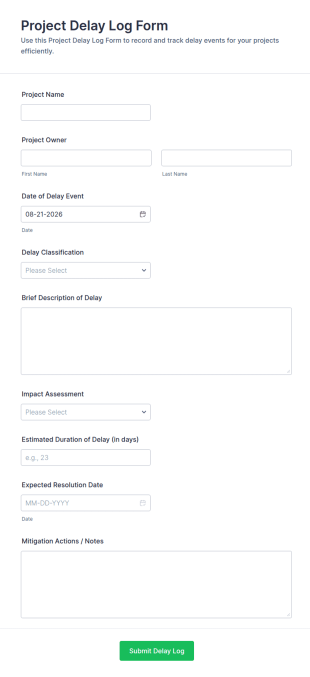Project Delay Log Form Template