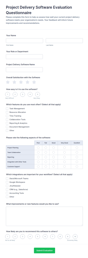 Project Delivery Software Evaluation Questionnaire Form Template