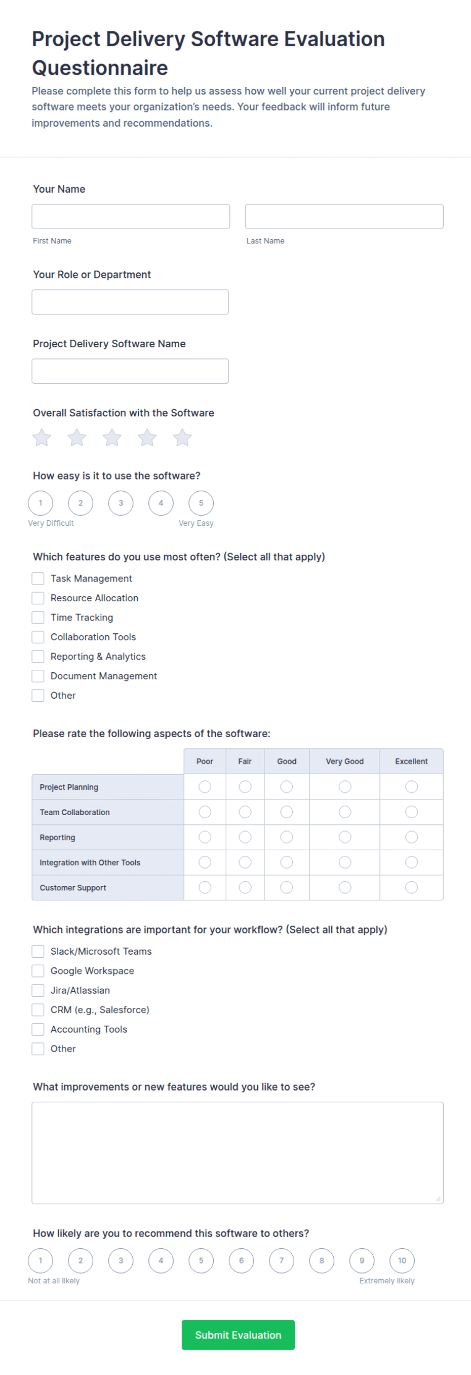 Project Assessment Form Example Project Delivery Software Evaluation Questionnaire Form Template | Jotform