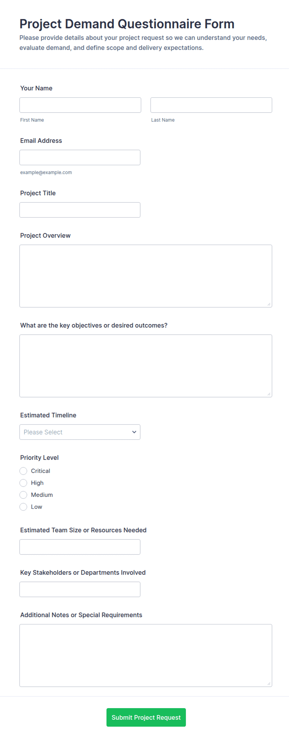 Project Demand Questionnaire Form Template | Jotform