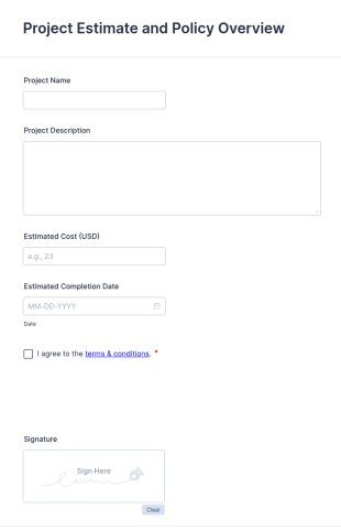 Project Estimate And Policy Overview Form Template