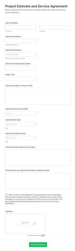 Project Estimate And Service Agreement Form Template