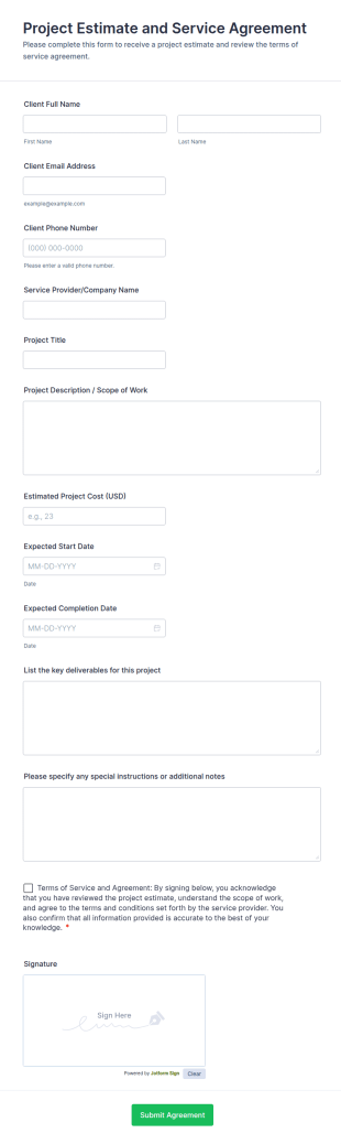 Project Estimate And Service Agreement Form Template