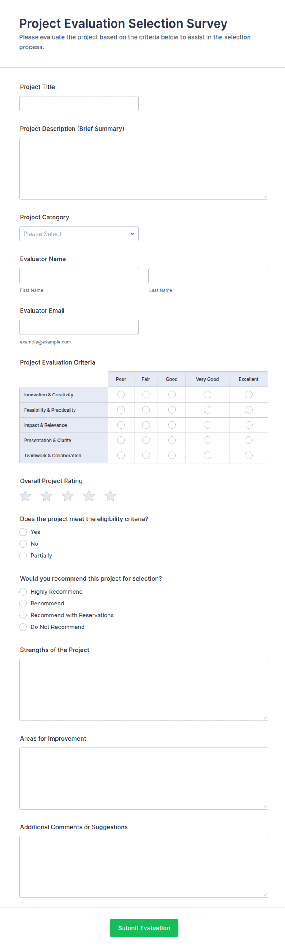 Project Assessment Form Example Project Evaluation Selection Survey Form Template | Jotform