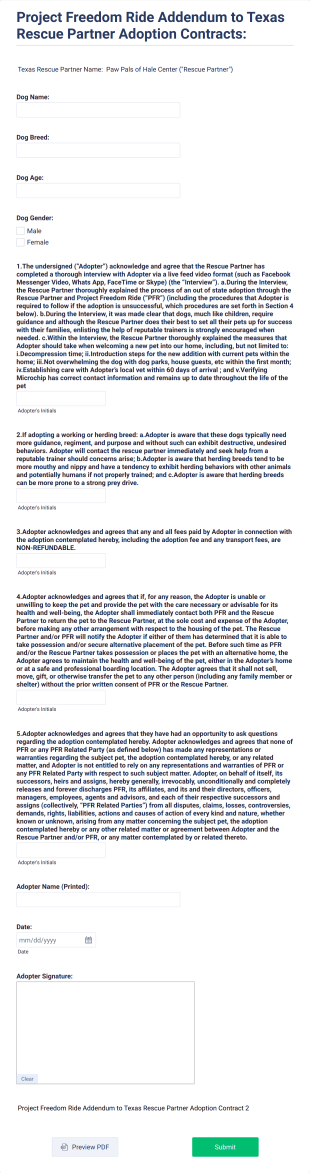 Project Freedom Ride Addendum To Texas Rescue Partner Adoption Contracts: Form Template