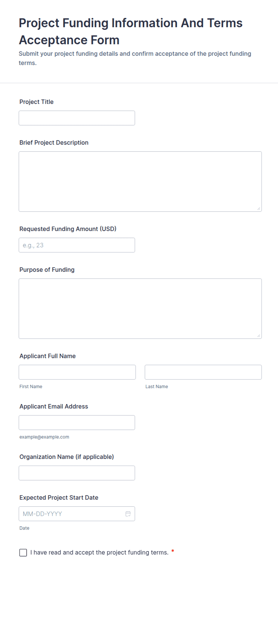 Project Funding Information and Terms Acceptance Form Template | Jotform