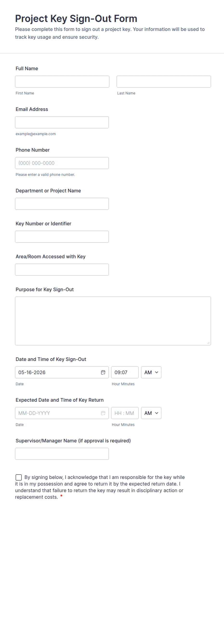 Project Key Sign-Out Form Template | Jotform