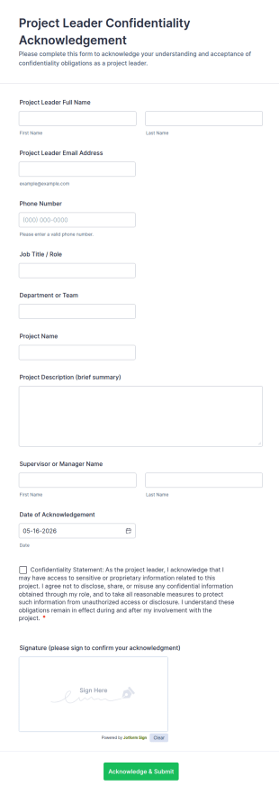 Project Leader Confidentiality Acknowledgement Form Template