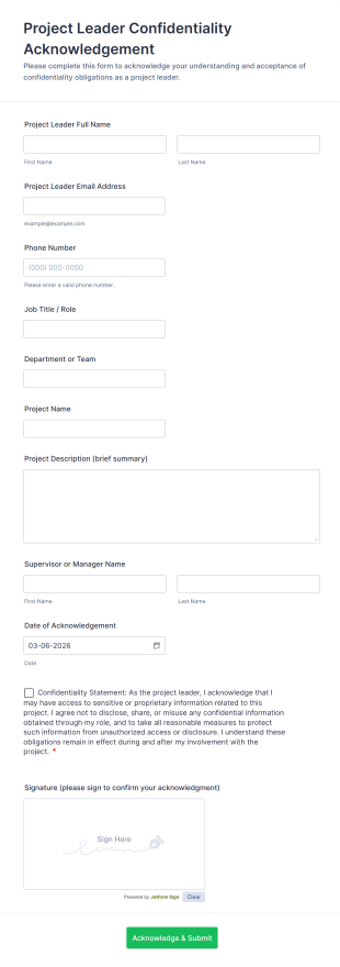 Project Leader Confidentiality Acknowledgement Form Template