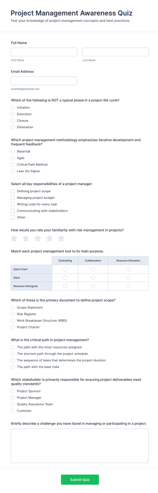 Project Management Awareness Quiz Form Template