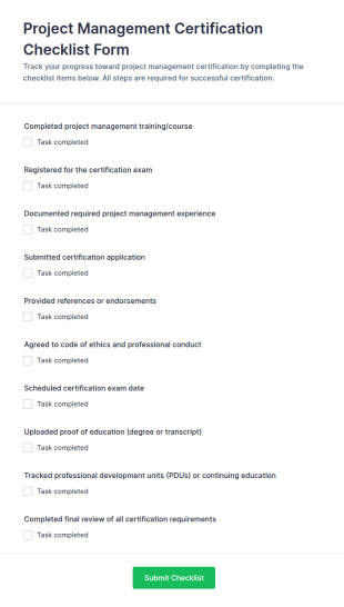 Project Management Certification Checklist Form Template