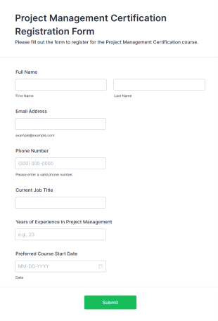 Project Management Certification Registration Form Template