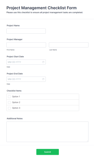 Project Management Checklist Form Template