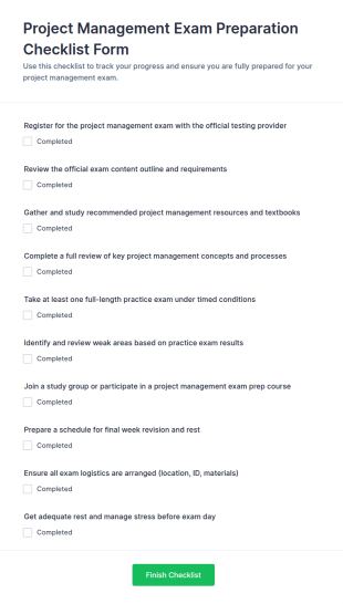 Project Management Exam Preparation Checklist Form Template