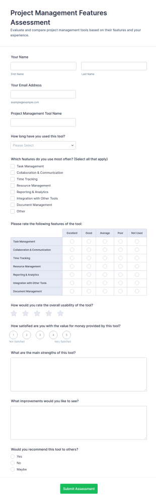 Project Management Features Assessment Form Template