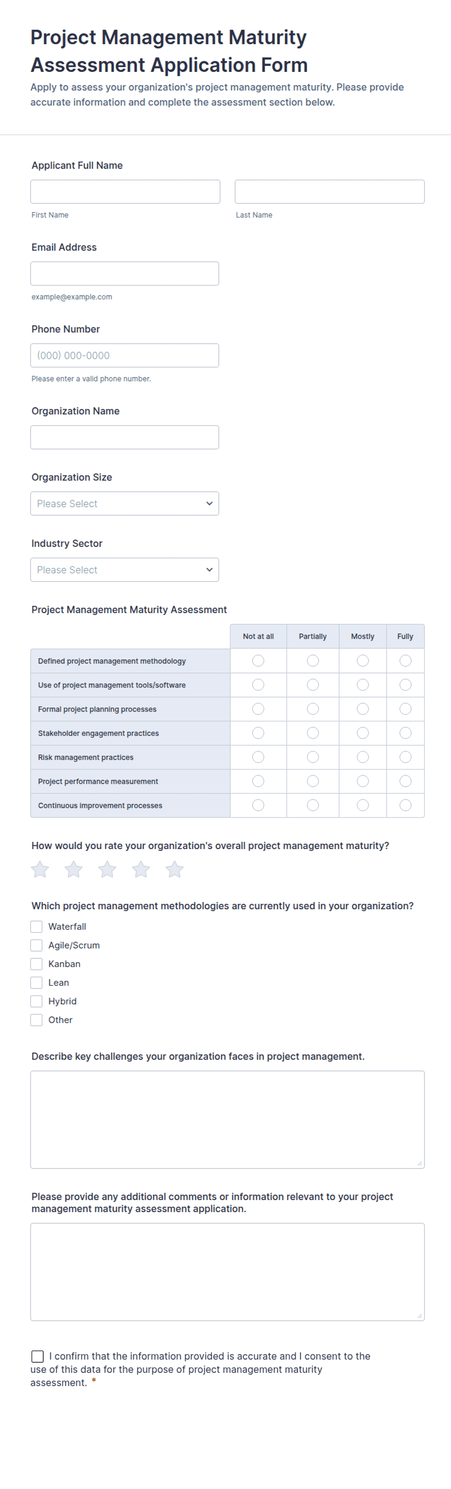 Project Management Maturity Assessment Application Form Template | Jotform