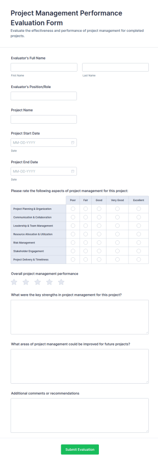 Project Management Performance Evaluation Form Template