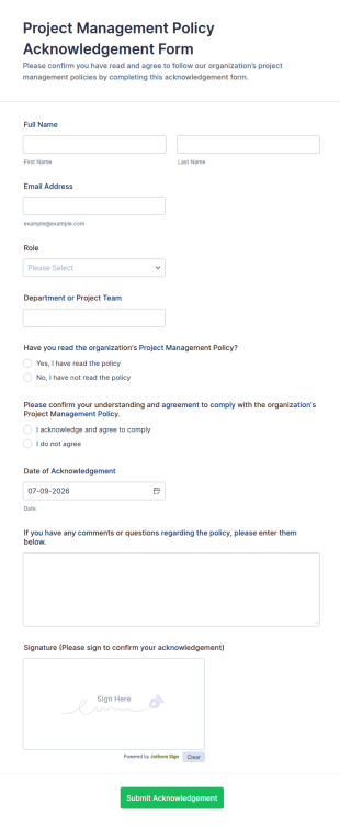 Project Management Policy Acknowledgement Form Template