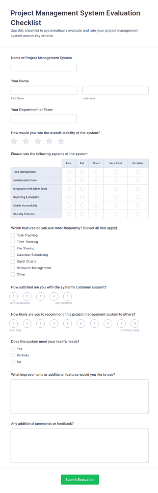 Project Management System Evaluation Checklist Form Template