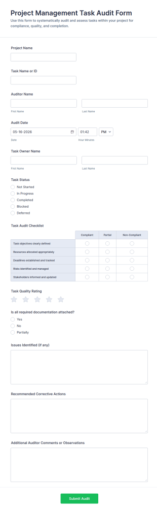 Project Management Task Audit Form Template
