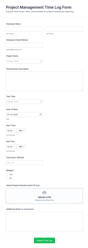 Project Management Time Log Form Template