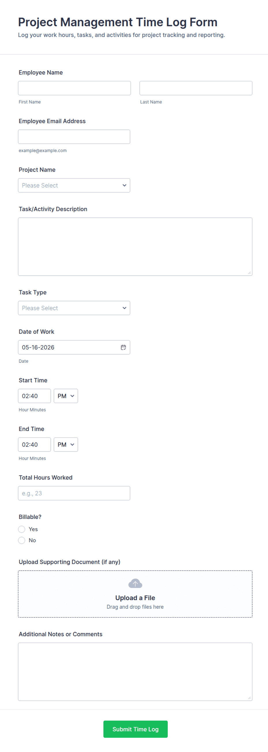 Project Management Time Log Form Template | Jotform