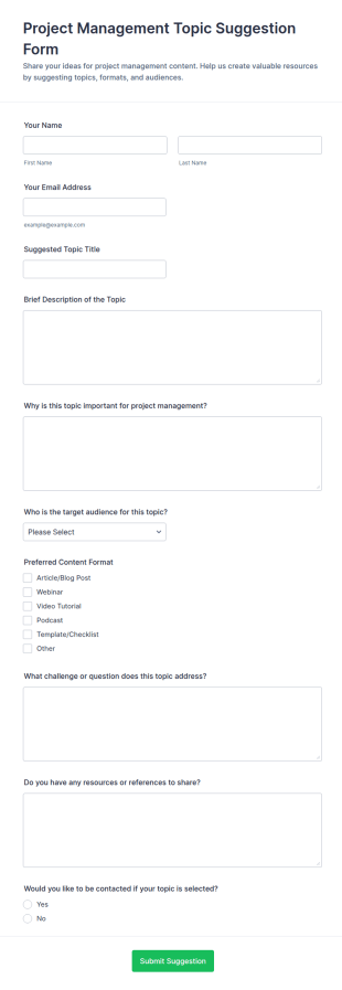 Project Management Topic Suggestion Form Template