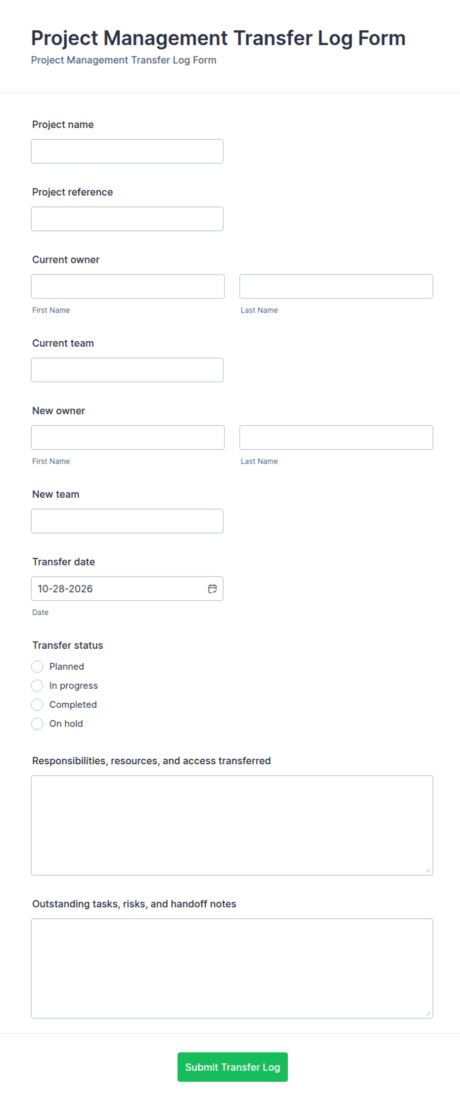 Project Management Transfer Log Form Template | Jotform