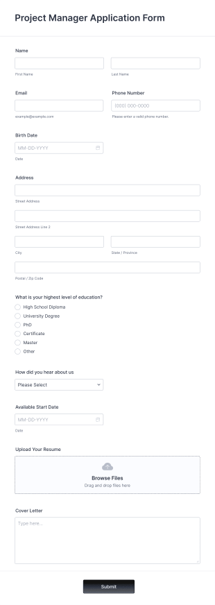 Project Manager Application Form Template