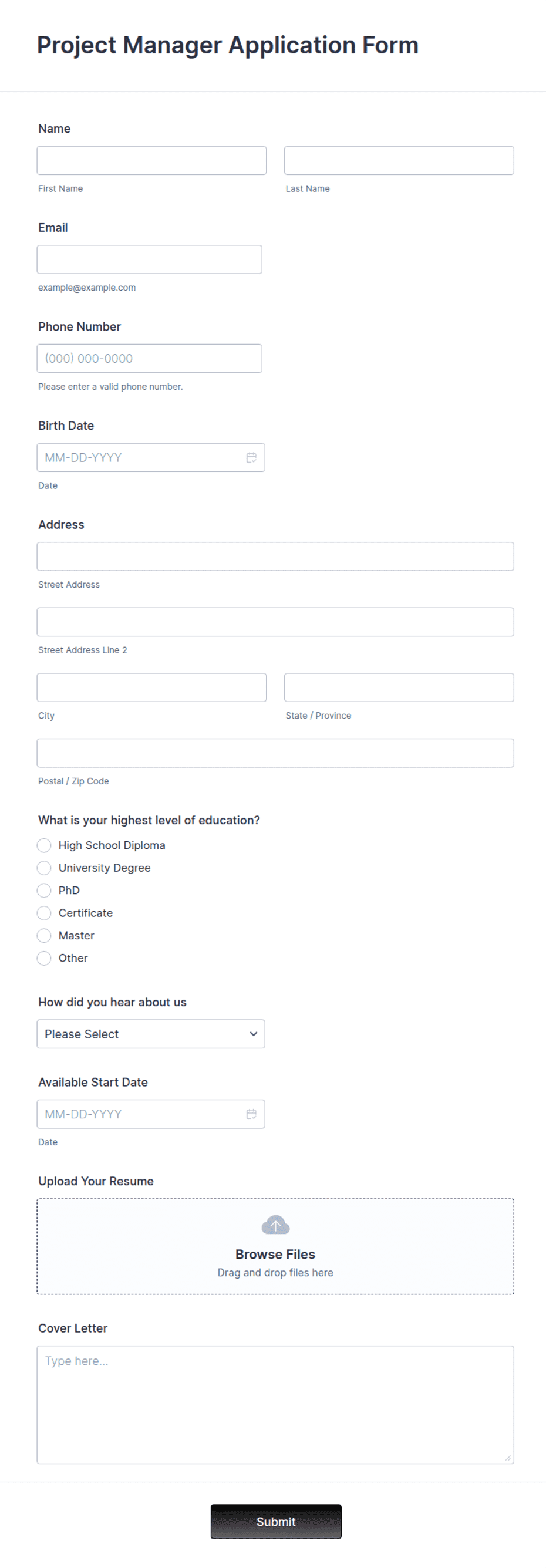 Project Manager Application Form Template | Jotform