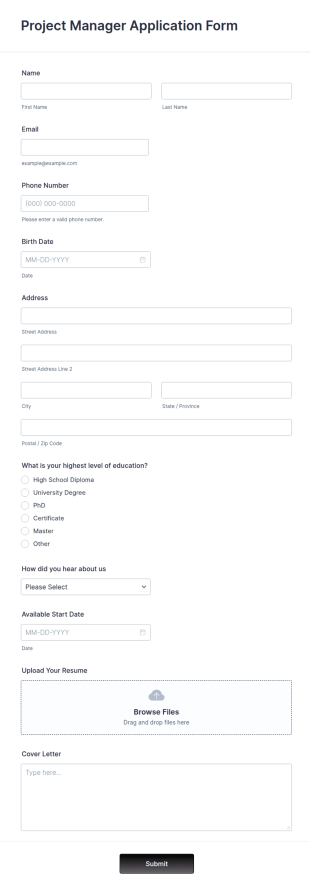Project Manager Application Form Template