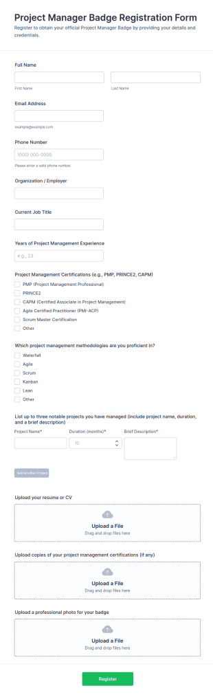 Project Manager Badge Registration Form Template