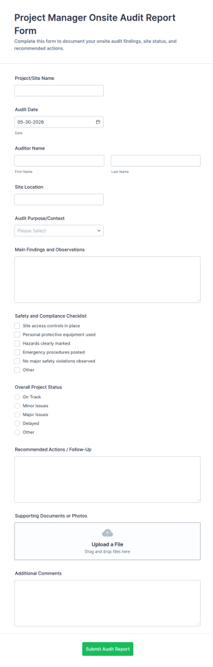 Project Manager Onsite Audit Report Form Template