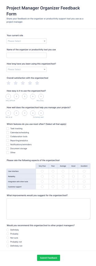 Project Manager Organizer Feedback Form Template